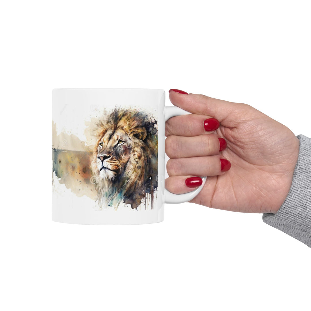 Taza de cerámica personalizada con diseño de león en acuarela (325 ml y 433 ml) | Sin BPA, apta para lavavajillas y microondas | Regalo de arte animal