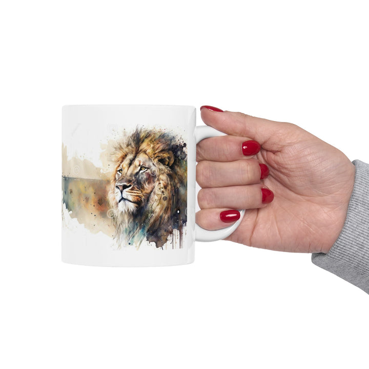 Taza de cerámica personalizada con diseño de león en acuarela (325 ml y 433 ml) | Sin BPA, apta para lavavajillas y microondas | Regalo de arte animal