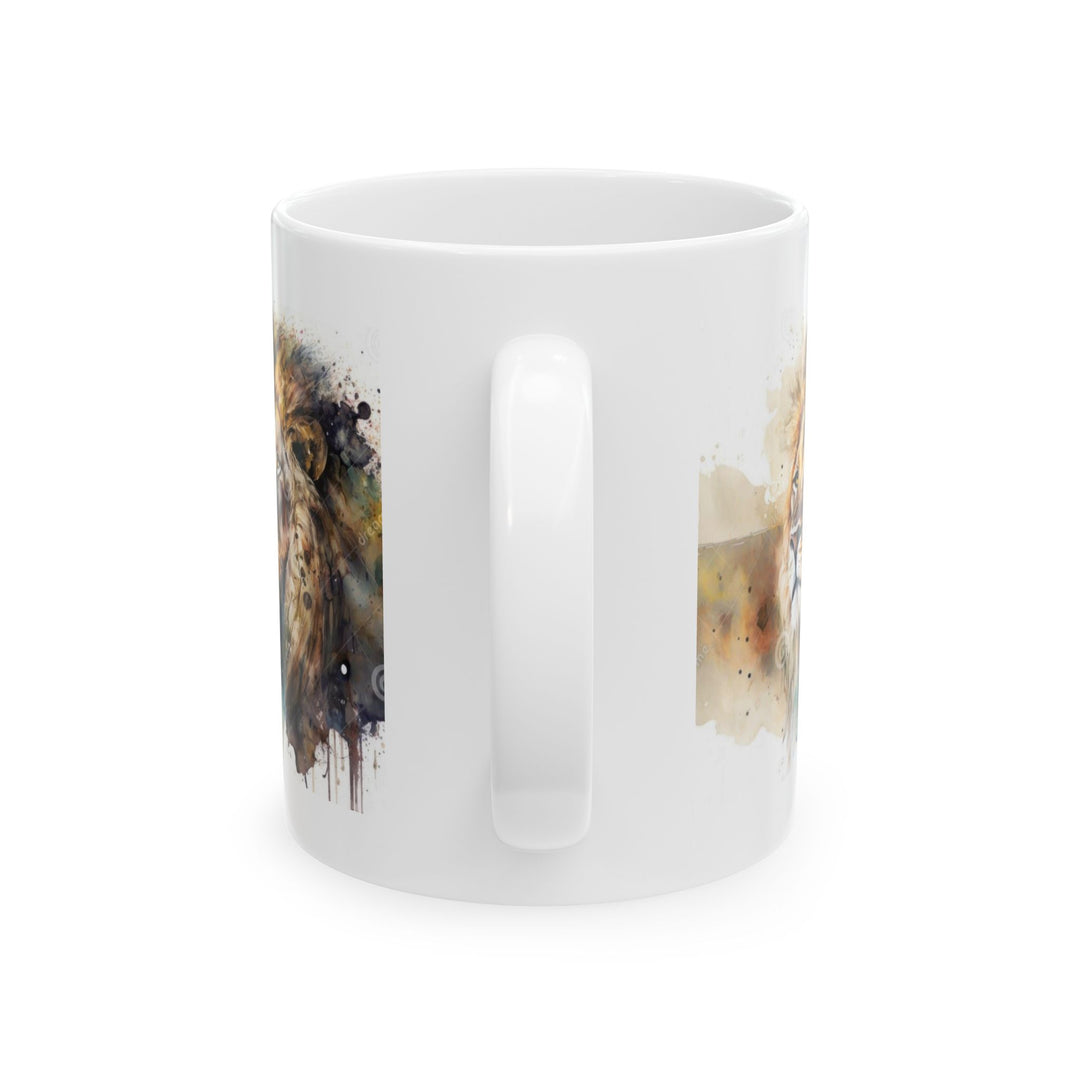 Taza de cerámica personalizada con diseño de león en acuarela (325 ml y 433 ml) | Sin BPA, apta para lavavajillas y microondas | Regalo de arte animal