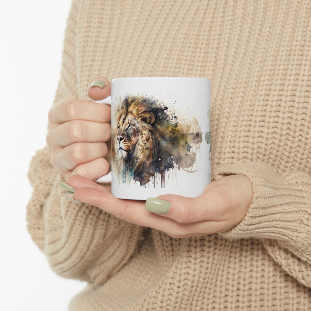 Taza de cerámica personalizada con diseño de león en acuarela (325 ml y 433 ml) | Sin BPA, apta para lavavajillas y microondas | Regalo de arte animal