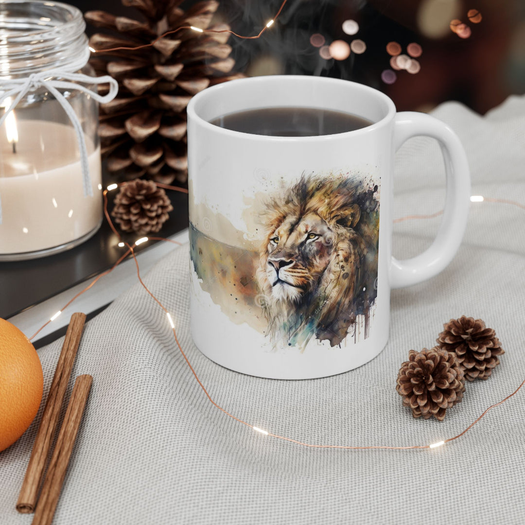Taza de cerámica personalizada con diseño de león en acuarela (325 ml y 433 ml) | Sin BPA, apta para lavavajillas y microondas | Regalo de arte animal