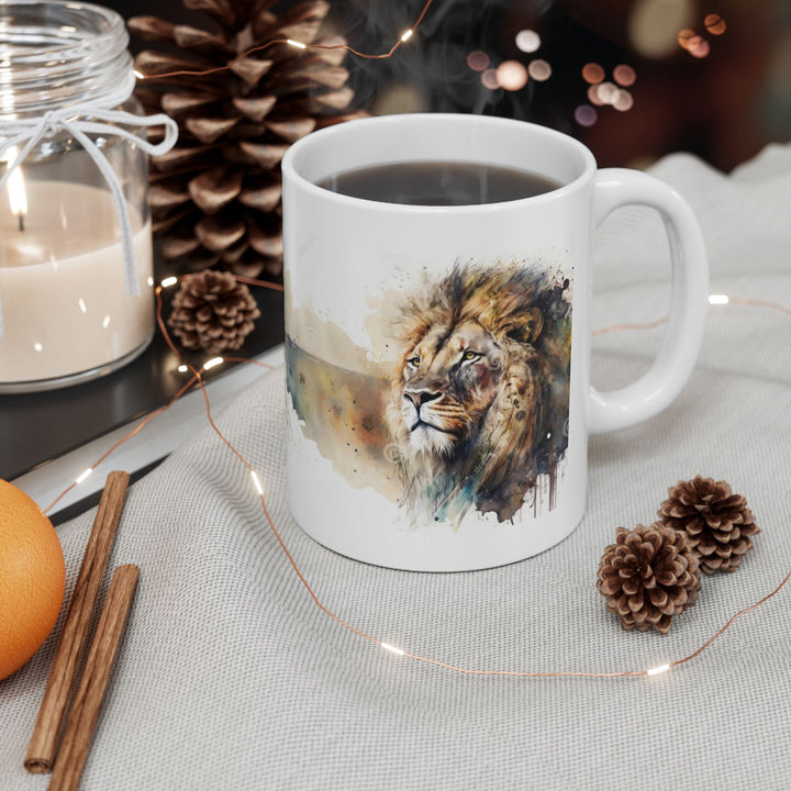 Taza de cerámica personalizada con diseño de león en acuarela (325 ml y 433 ml) | Sin BPA, apta para lavavajillas y microondas | Regalo de arte animal