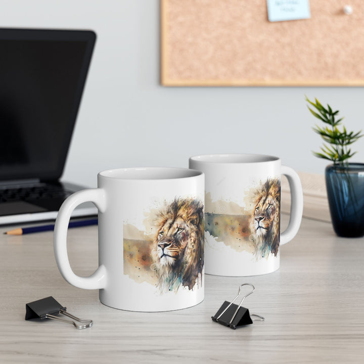 Taza de cerámica personalizada con diseño de león en acuarela (325 ml y 433 ml) | Sin BPA, apta para lavavajillas y microondas | Regalo de arte animal
