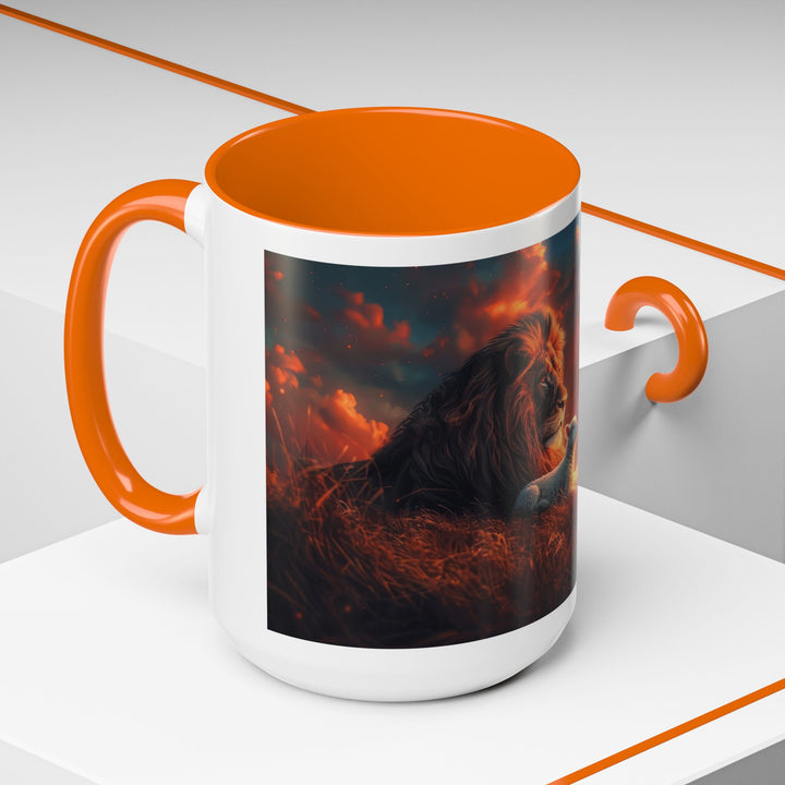 Fiery Sunset Lion Ceramic Mug – Bold Wildlife Art Drinkware Accent Coffee Mug (11, 15oz)