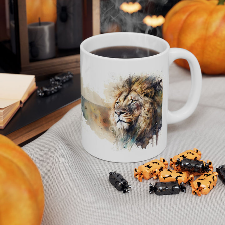 Taza de cerámica personalizada con diseño de león en acuarela (325 ml y 433 ml) | Sin BPA, apta para lavavajillas y microondas | Regalo de arte animal