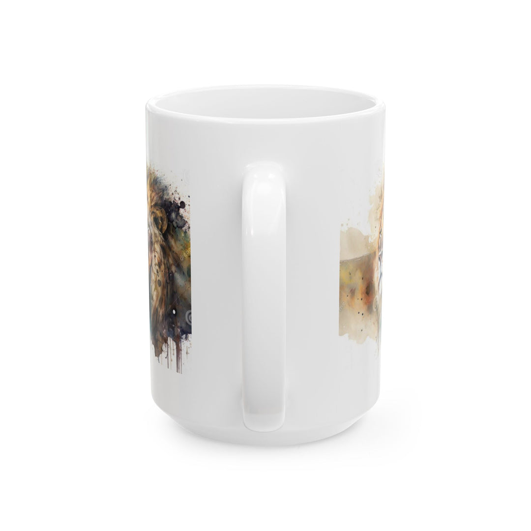 Taza de cerámica personalizada con diseño de león en acuarela (325 ml y 433 ml) | Sin BPA, apta para lavavajillas y microondas | Regalo de arte animal