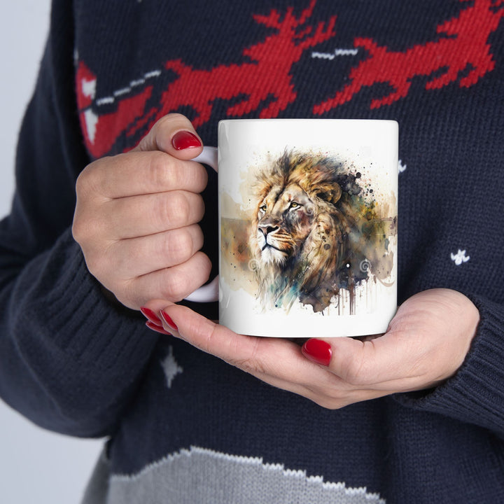 Taza de cerámica personalizada con diseño de león en acuarela (325 ml y 433 ml) | Sin BPA, apta para lavavajillas y microondas | Regalo de arte animal