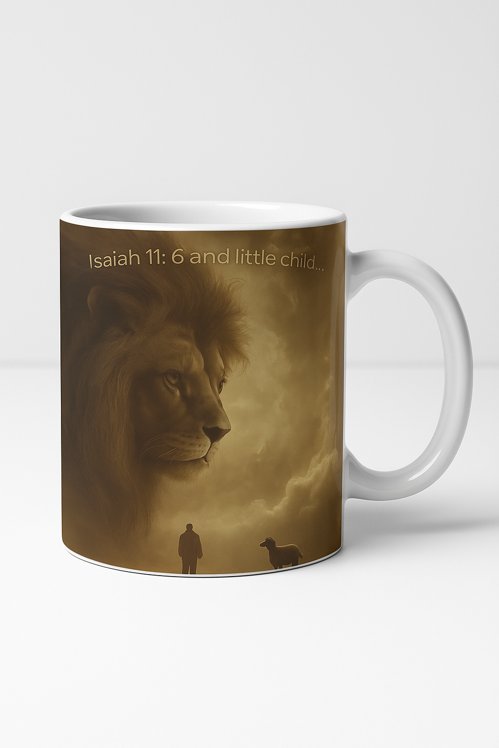 Taza de cerámica con silueta de león y niño: símbolo de coraje y protección (325 ml y 430 ml)