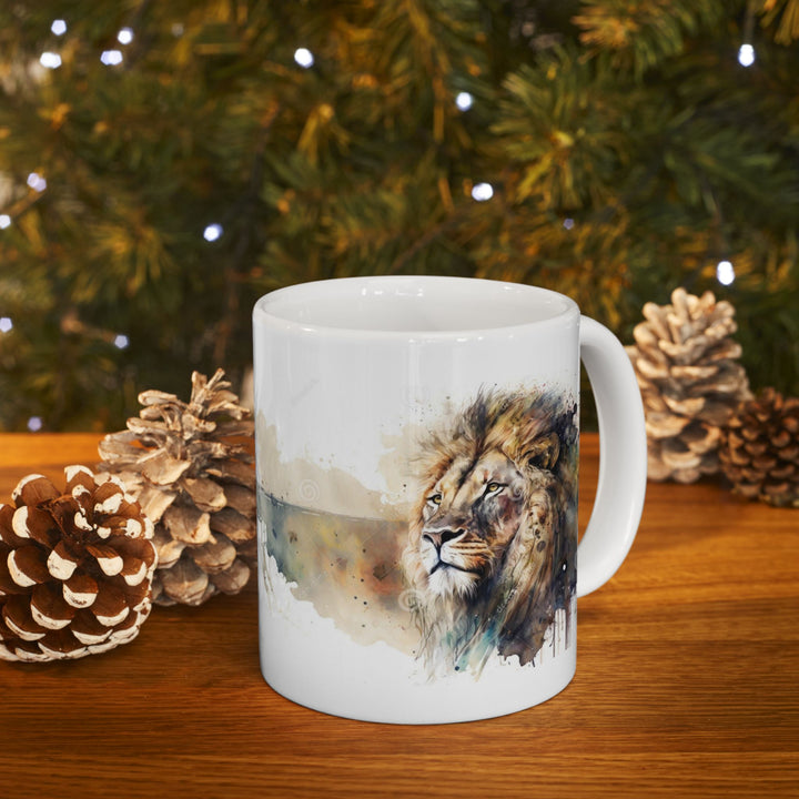 Taza de cerámica personalizada con diseño de león en acuarela (325 ml y 433 ml) | Sin BPA, apta para lavavajillas y microondas | Regalo de arte animal