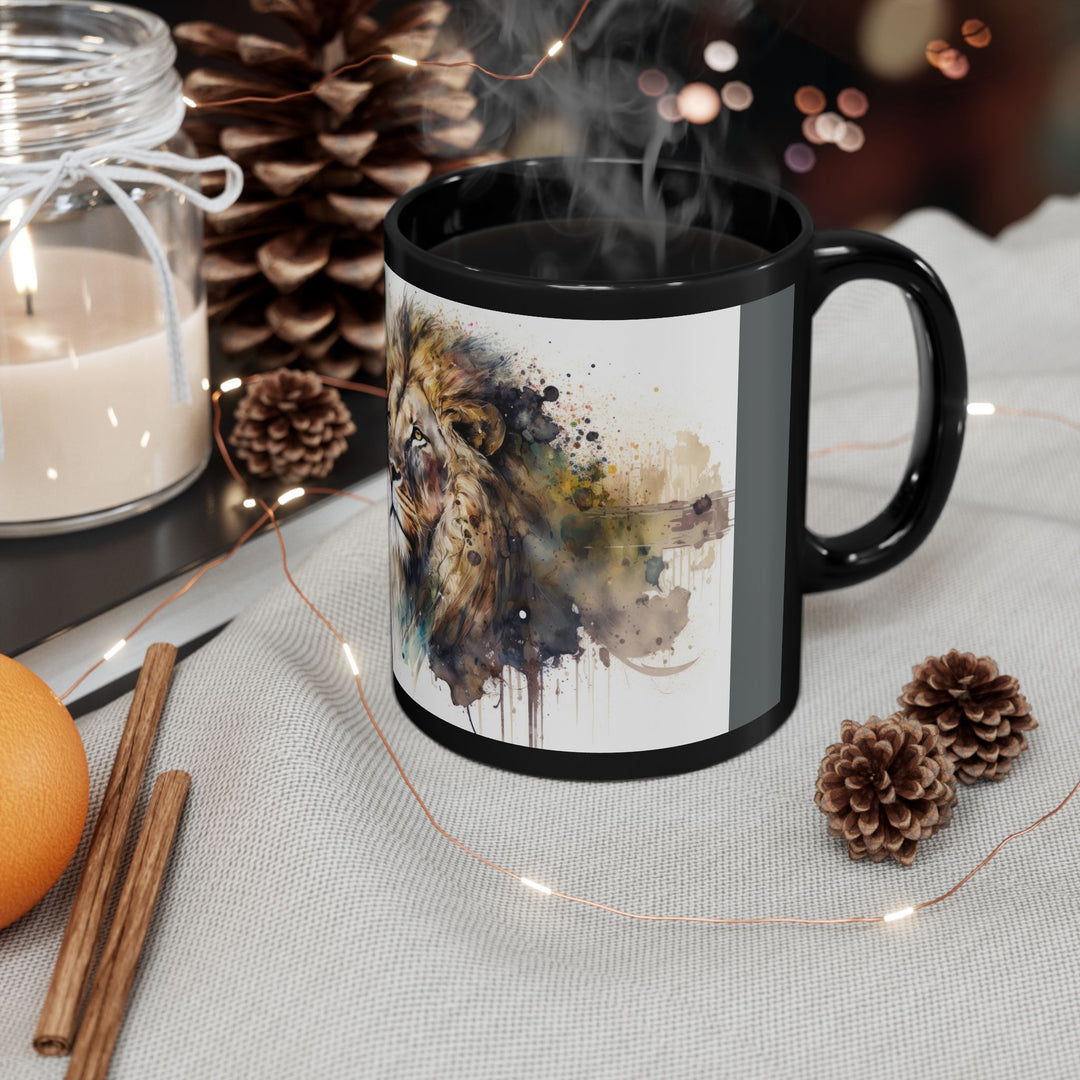 Watercolor Lion Black Rim Ceramic Mug – Bold and Artistic Drinkware Black Mug (11oz, 15oz)