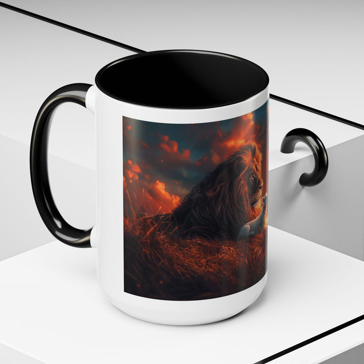 Fiery Sunset Lion Ceramic Mug – Bold Wildlife Art Drinkware Accent Coffee Mug (11, 15oz)