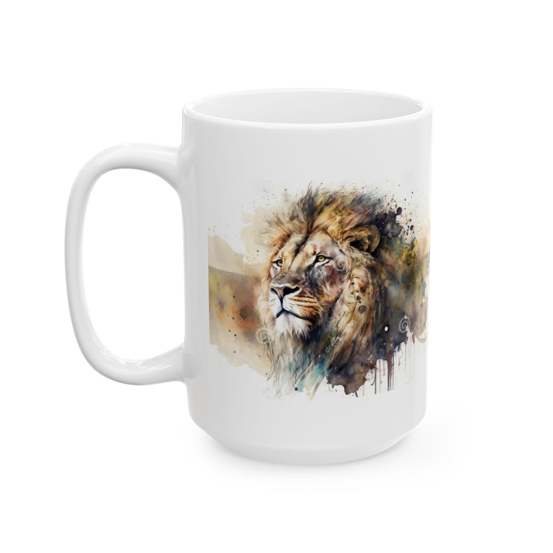 Taza de cerámica personalizada con diseño de león en acuarela (325 ml y 433 ml) | Sin BPA, apta para lavavajillas y microondas | Regalo de arte animal