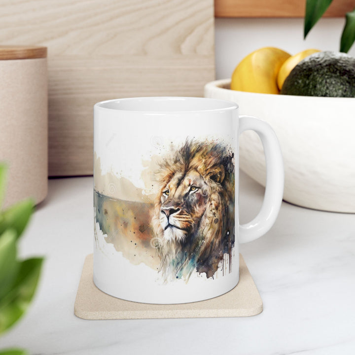 Taza de cerámica personalizada con diseño de león en acuarela (325 ml y 433 ml) | Sin BPA, apta para lavavajillas y microondas | Regalo de arte animal
