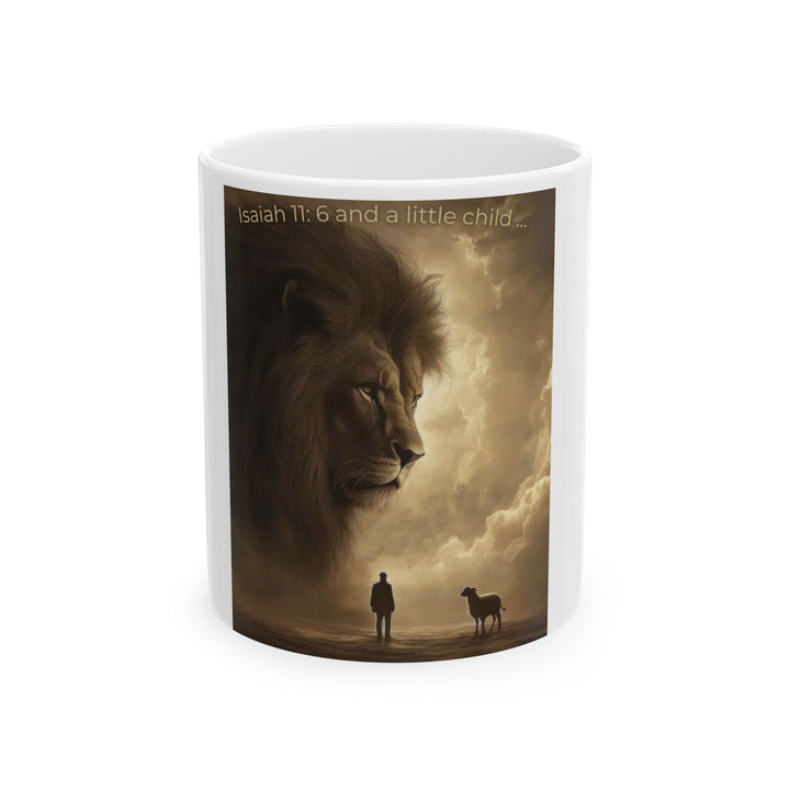 Taza de cerámica con silueta de león y niño: símbolo de coraje y protección (325 ml y 430 ml)