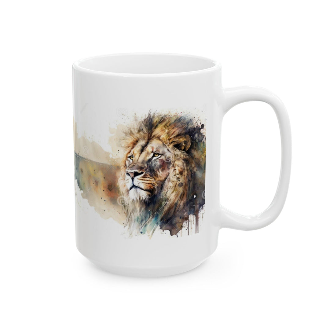 Taza de cerámica personalizada con diseño de león en acuarela (325 ml y 433 ml) | Sin BPA, apta para lavavajillas y microondas | Regalo de arte animal