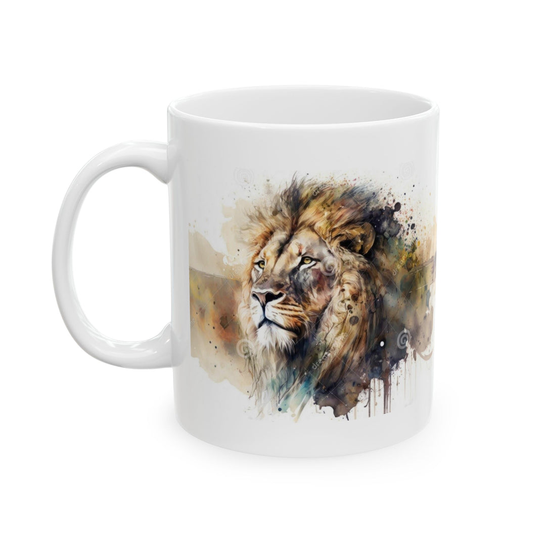 Taza de cerámica personalizada con diseño de león en acuarela (325 ml y 433 ml) | Sin BPA, apta para lavavajillas y microondas | Regalo de arte animal