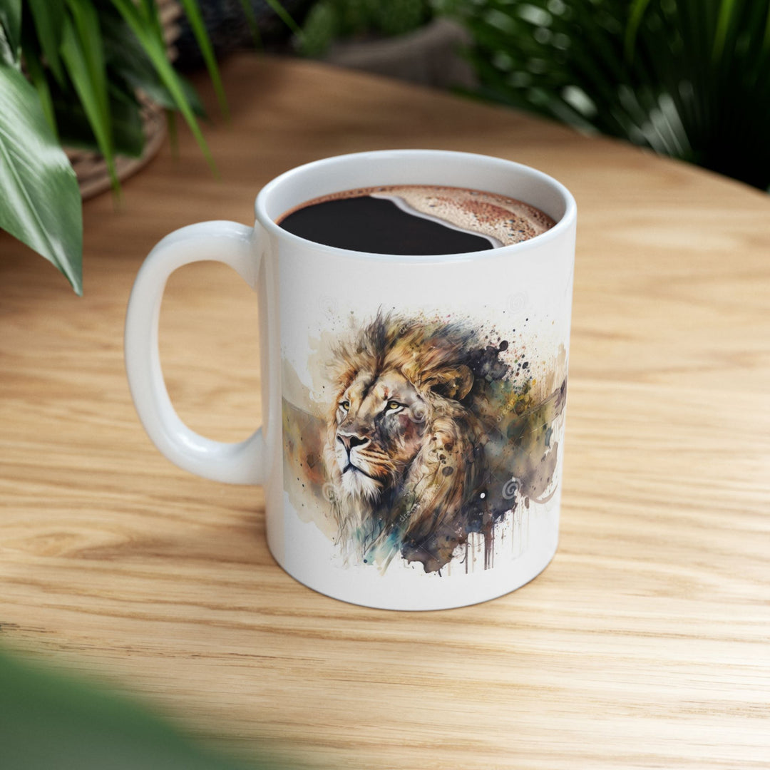 Taza de cerámica personalizada con diseño de león en acuarela (325 ml y 433 ml) | Sin BPA, apta para lavavajillas y microondas | Regalo de arte animal