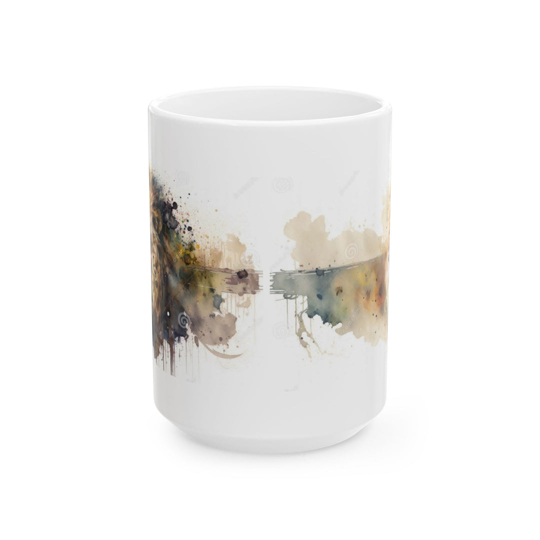 Taza de cerámica personalizada con diseño de león en acuarela (325 ml y 433 ml) | Sin BPA, apta para lavavajillas y microondas | Regalo de arte animal