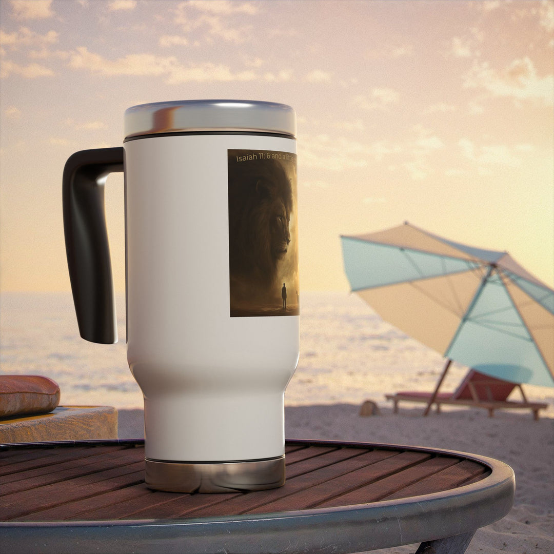 Lion with Child Silhouette – Symbol of Courage and Protection Stainless Steel Travel Mug with Handle, 14oz