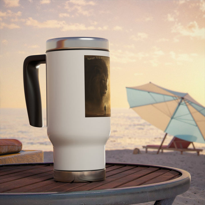 Lion with Child Silhouette – Symbol of Courage and Protection Stainless Steel Travel Mug with Handle, 14oz