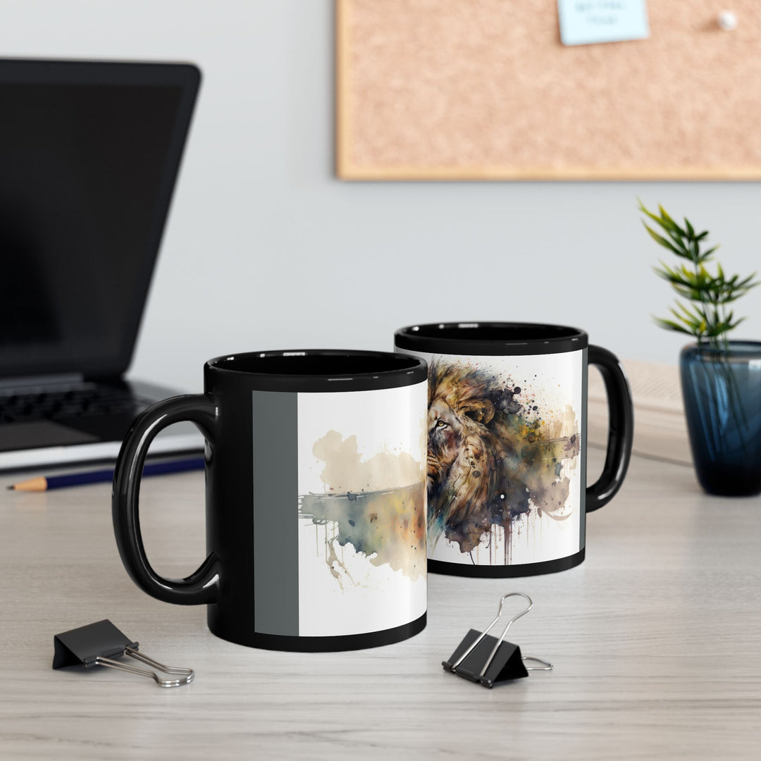 Watercolor Lion Black Rim Ceramic Mug – Bold and Artistic Drinkware Black Mug (11oz, 15oz)