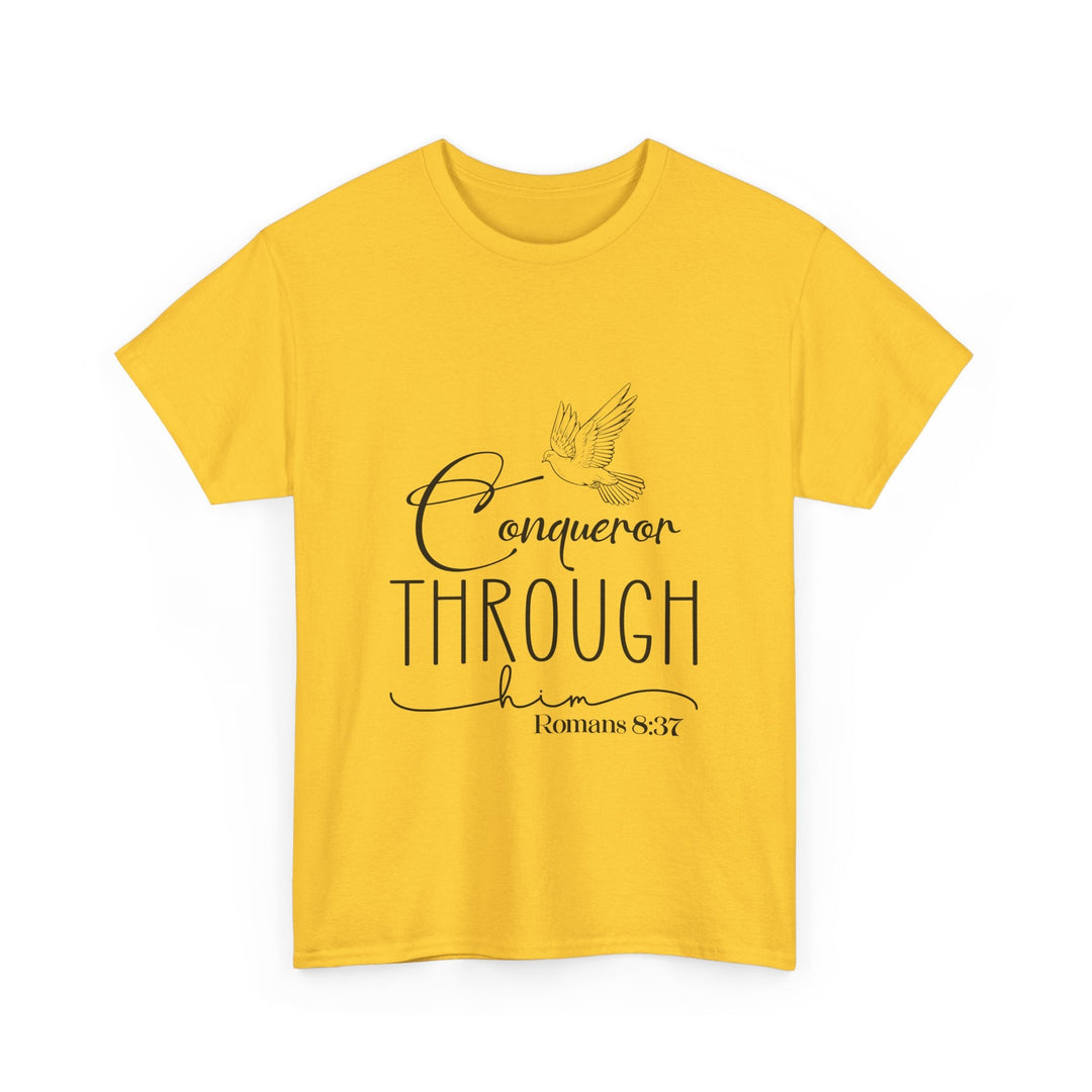 Conqueror Through Him Romans 8 37-01 Unisex Heavy Cotton Tee - Faith Scripture Gift | Gifts Of Words