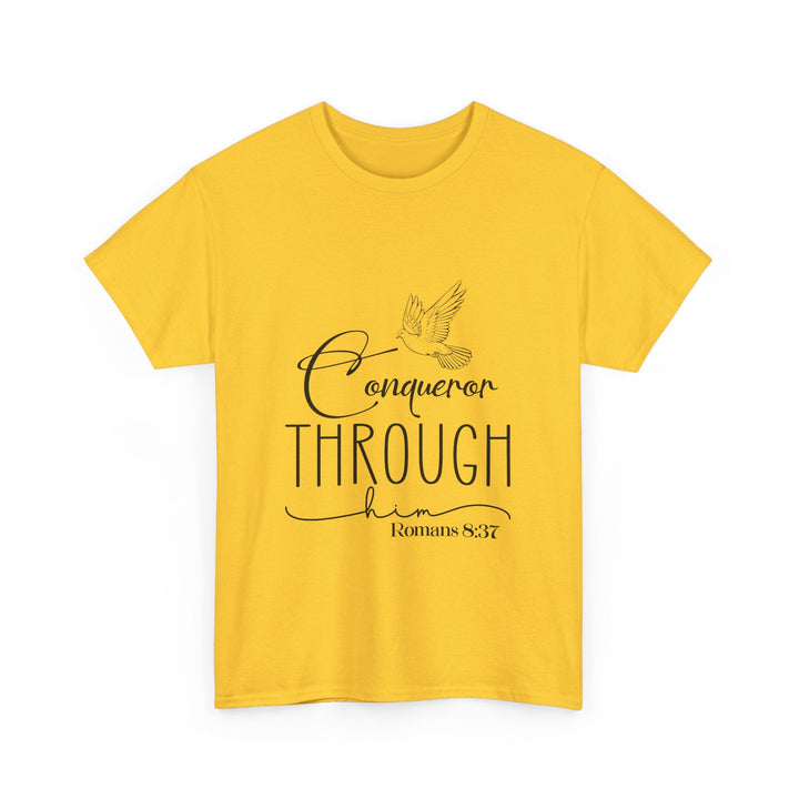 Conqueror Through Him Romans 8 37-01 Unisex Heavy Cotton Tee - Faith Scripture Gift | Gifts Of Words