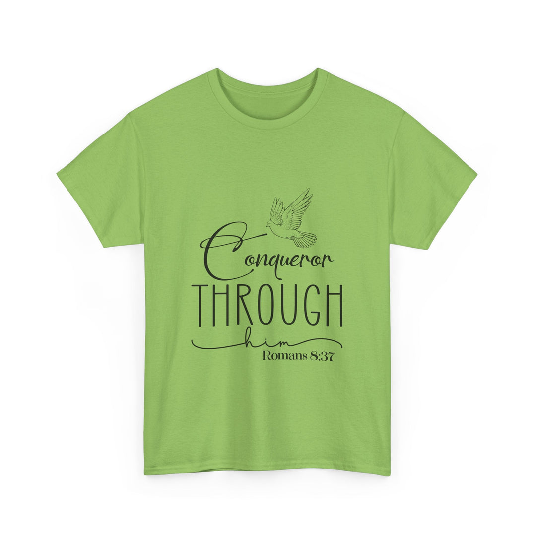 Conqueror Through Him Romans 8 37-01 Unisex Heavy Cotton Tee - Faith Scripture Gift | Gifts Of Words