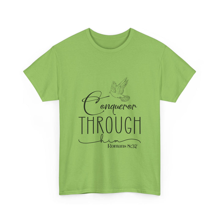 Conqueror Through Him Romans 8 37-01 Unisex Heavy Cotton Tee - Faith Scripture Gift | Gifts Of Words