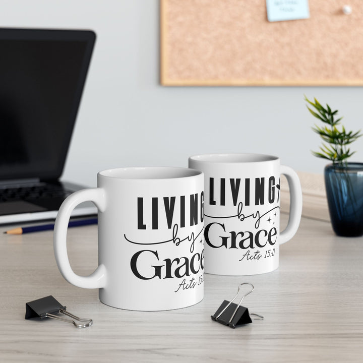 Living by Grace Acts 15 11-01 Ceramic Mug, (11oz, 15oz) - Faith Scripture Gift | Gifts Of Words