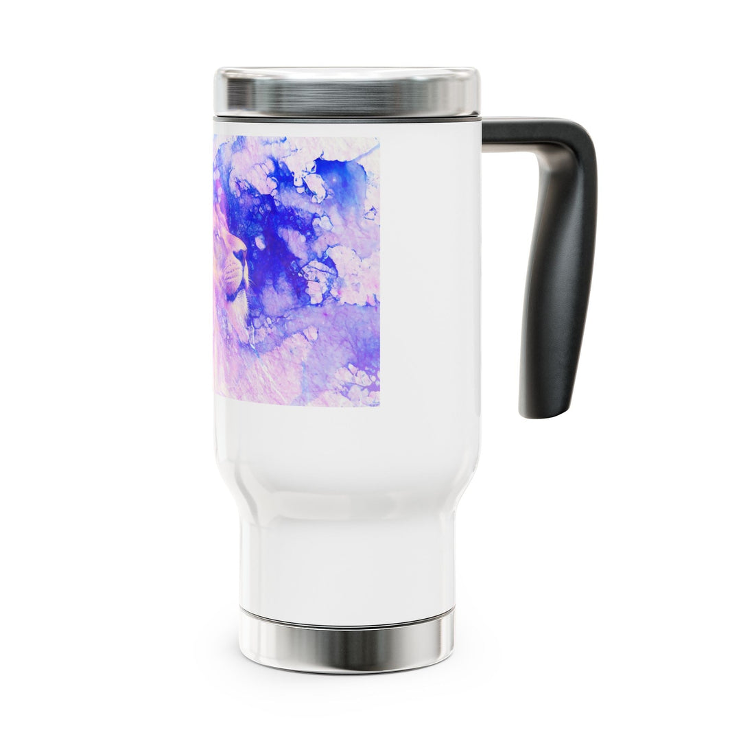 Majestic Purple Lion Stainless Steel Travel Mug with Handle, 14oz - Faith Scripture Gift | Gifts Of Words