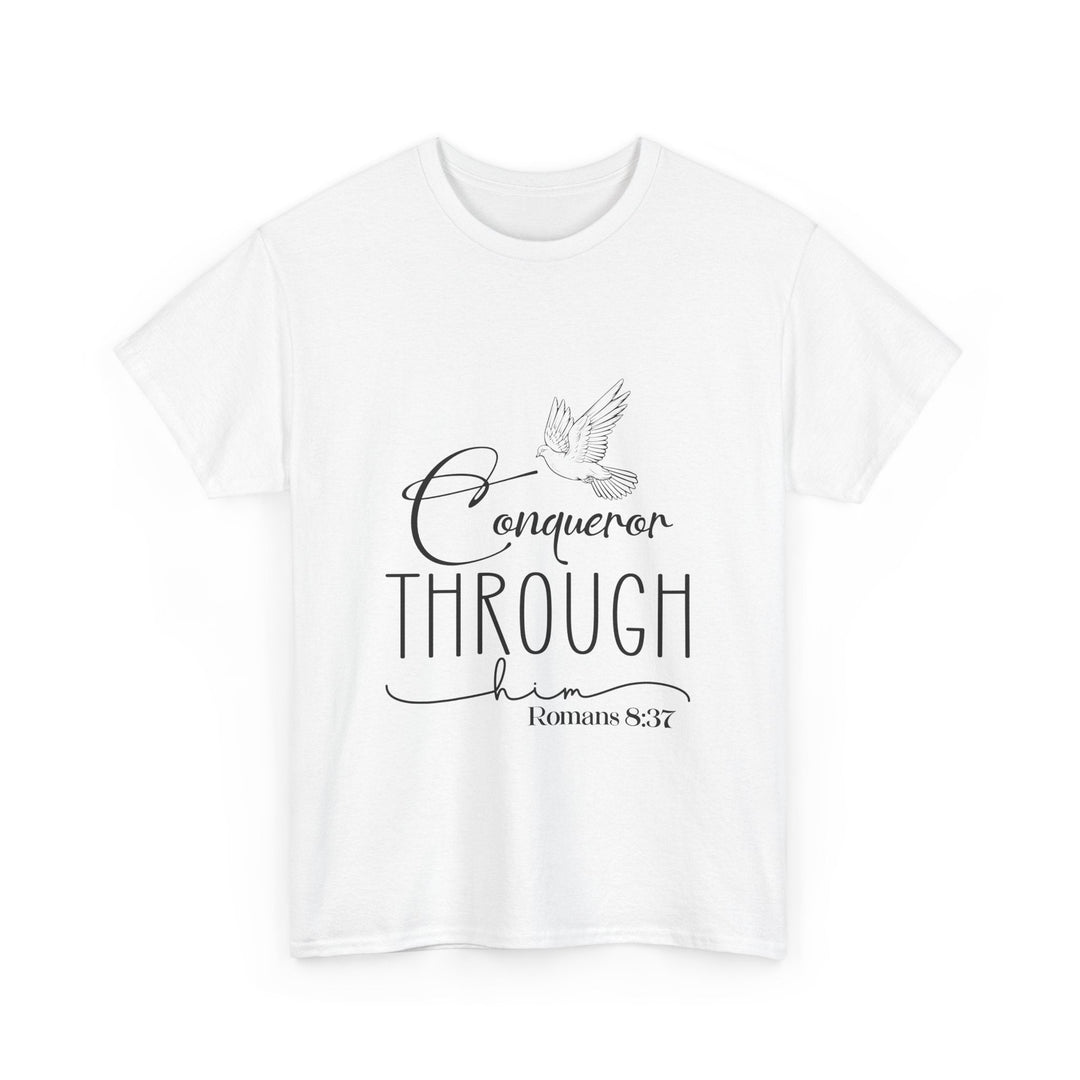 Conqueror Through Him Romans 8 37-01 Unisex Heavy Cotton Tee - Faith Scripture Gift | Gifts Of Words