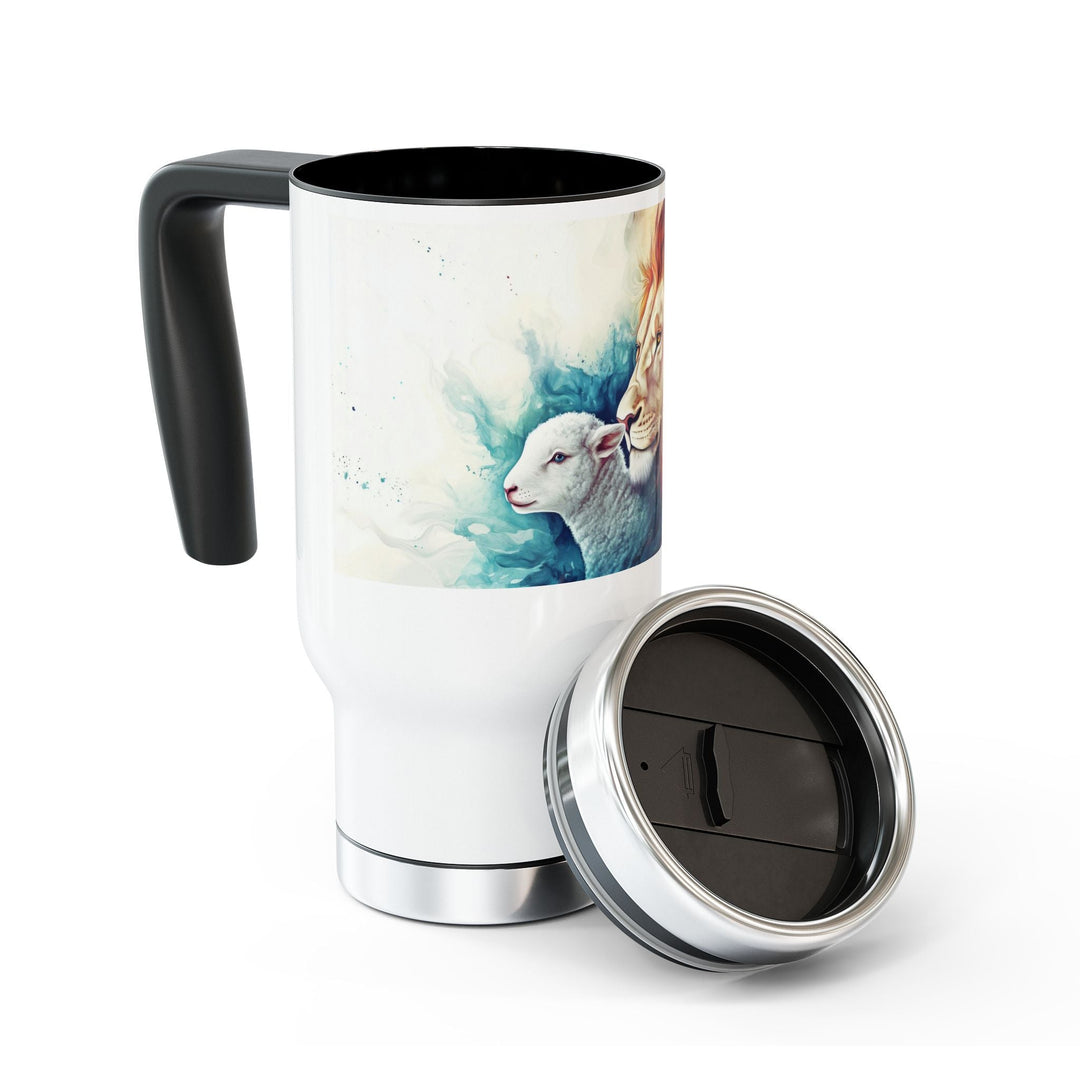 Lion and Lamb Stainless Steel Travel Mug with Handle, 14oz - Faith Scripture Gift | Gifts Of Words