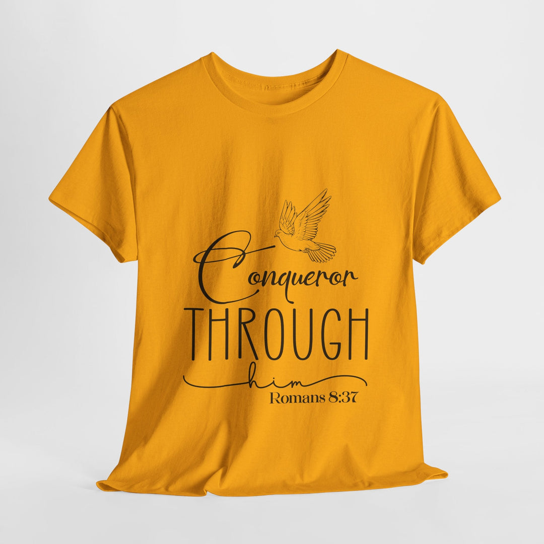 Conqueror Through Him Romans 8 37-01 Unisex Heavy Cotton Tee - Faith Scripture Gift | Gifts Of Words