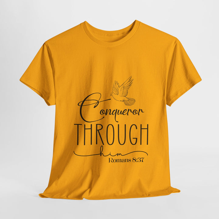 Conqueror Through Him Romans 8 37-01 Unisex Heavy Cotton Tee - Faith Scripture Gift | Gifts Of Words