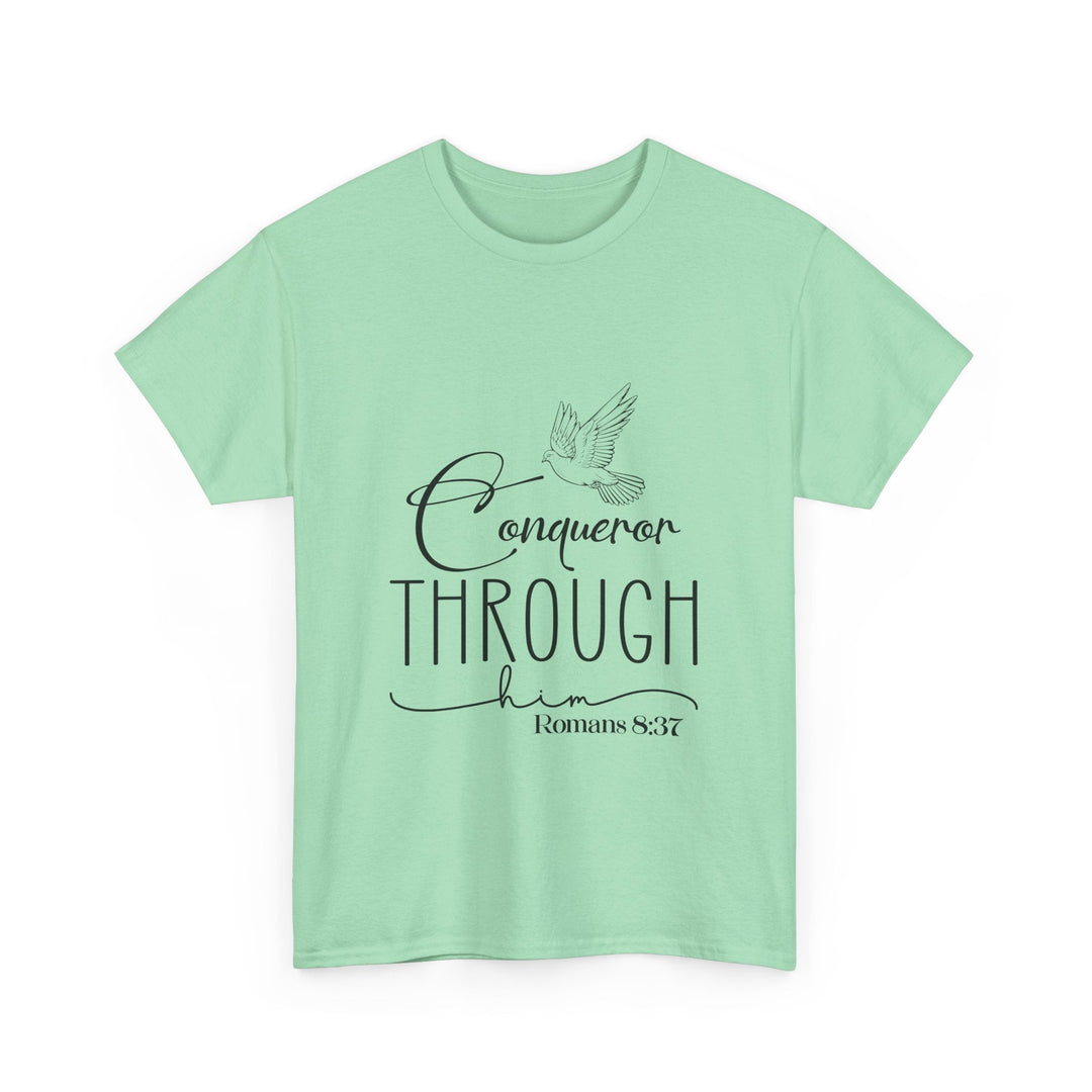 Conqueror Through Him Romans 8 37-01 Unisex Heavy Cotton Tee - Faith Scripture Gift | Gifts Of Words