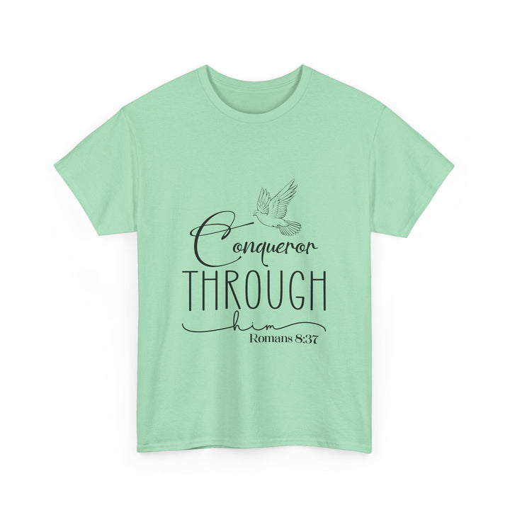 Conqueror Through Him Romans 8 37-01 Unisex Heavy Cotton Tee - Faith Scripture Gift | Gifts Of Words