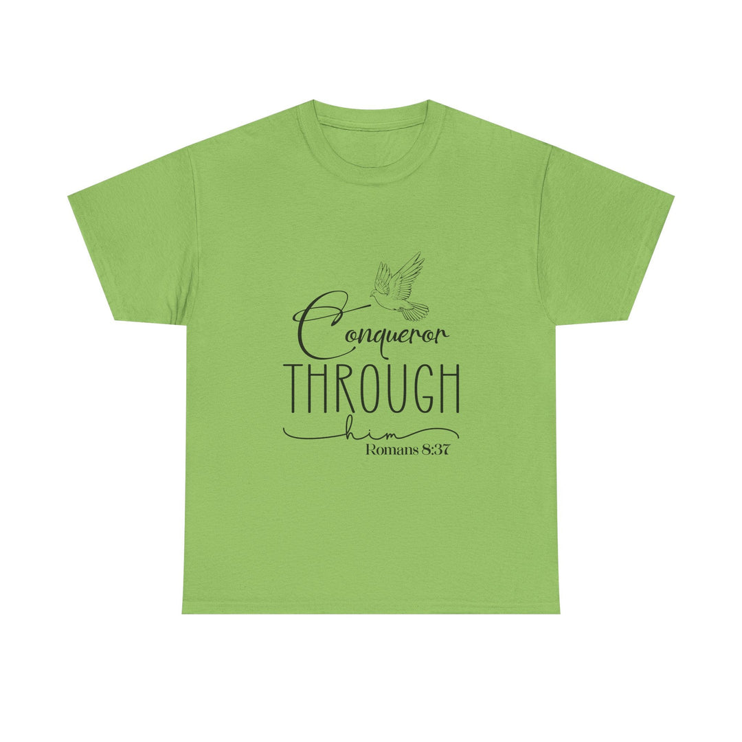 Conqueror Through Him Romans 8 37-01 Unisex Heavy Cotton Tee - Faith Scripture Gift | Gifts Of Words