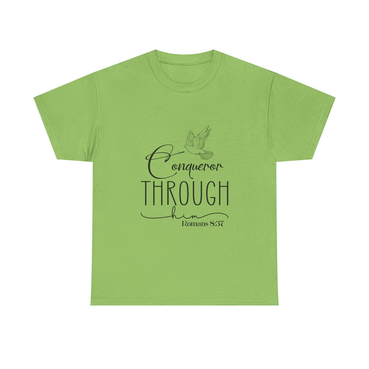 Conqueror Through Him Romans 8 37-01 Unisex Heavy Cotton Tee - Faith Scripture Gift | Gifts Of Words