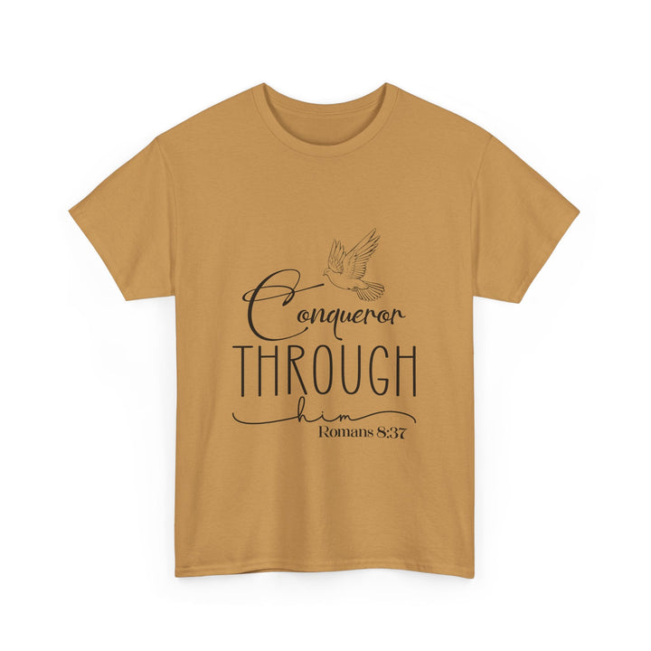 Conqueror Through Him Romans 8 37-01 Unisex Heavy Cotton Tee - Faith Scripture Gift | Gifts Of Words