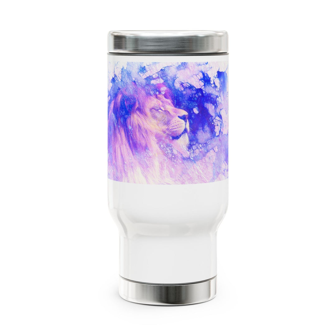 Majestic Purple Lion Stainless Steel Travel Mug with Handle, 14oz - Faith Scripture Gift | Gifts Of Words