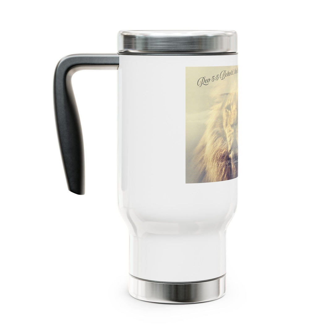 Lion and Lamb Travel Mug – Inspirational Wildlife Art Tumbler Stainless Steel Travel Mug with Handle, 14oz - Faith Scripture Gift | Gifts Of Words