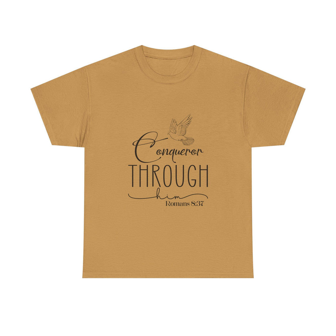 Conqueror Through Him Romans 8 37-01 Unisex Heavy Cotton Tee - Faith Scripture Gift | Gifts Of Words