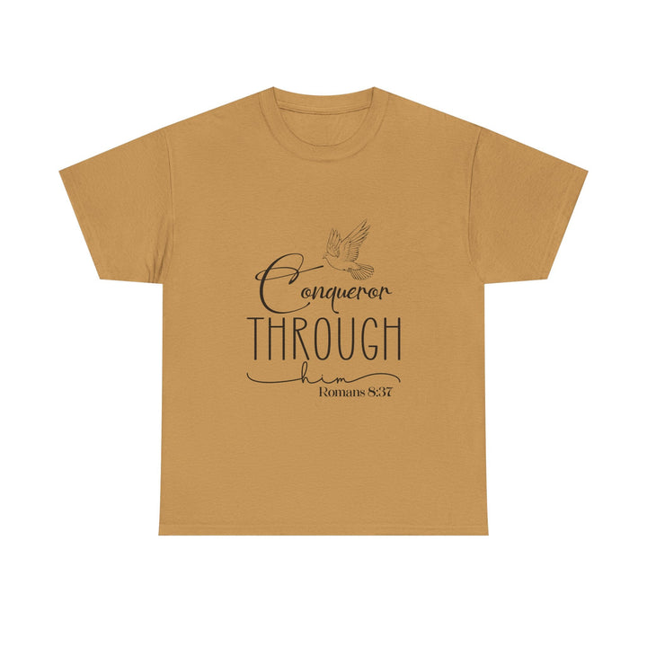 Conqueror Through Him Romans 8 37-01 Unisex Heavy Cotton Tee - Faith Scripture Gift | Gifts Of Words
