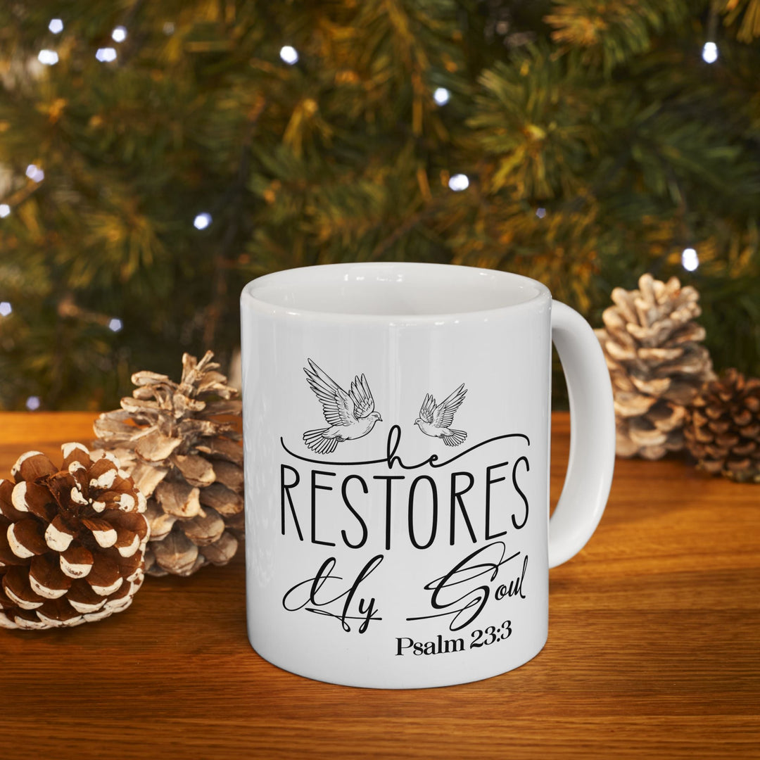 He Restores My Soul Psalm 23 3-01 Ceramic Mug, (11oz, 15oz) - Faith Scripture Gift | Gifts Of Words