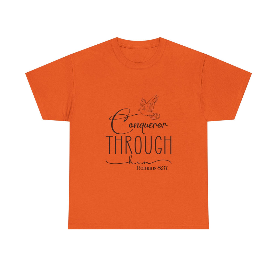 Conqueror Through Him Romans 8 37-01 Unisex Heavy Cotton Tee - Faith Scripture Gift | Gifts Of Words