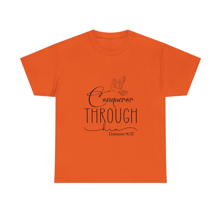 Conqueror Through Him Romans 8 37-01 Unisex Heavy Cotton Tee - Faith Scripture Gift | Gifts Of Words