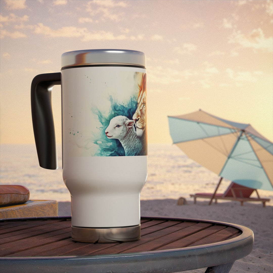 Lion and Lamb Stainless Steel Travel Mug with Handle, 14oz - Faith Scripture Gift | Gifts Of Words