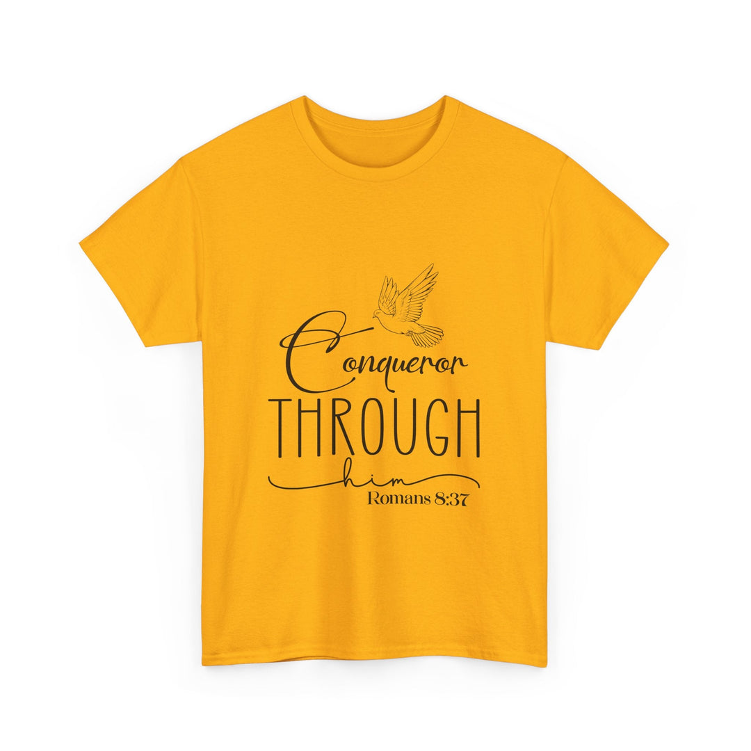 Conqueror Through Him Romans 8 37-01 Unisex Heavy Cotton Tee - Faith Scripture Gift | Gifts Of Words