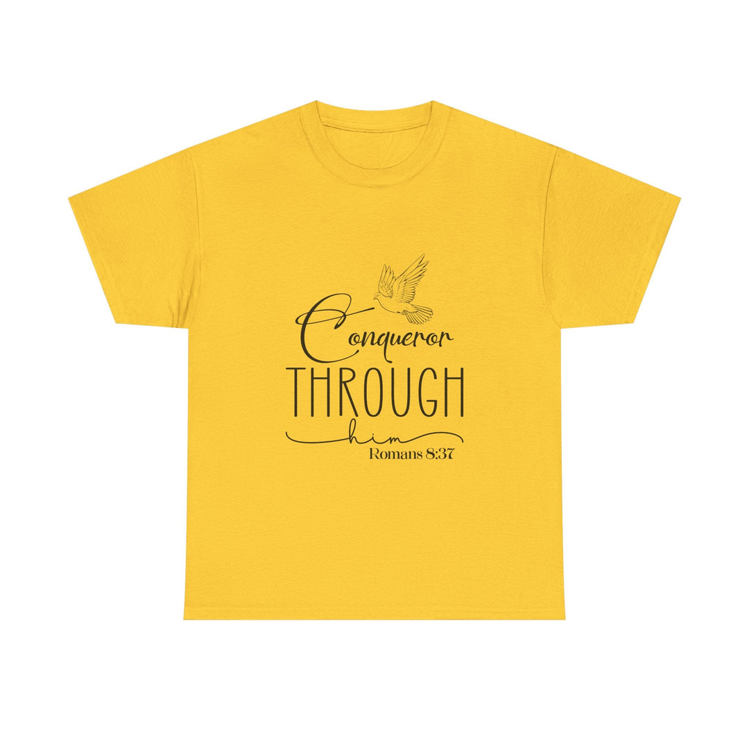 Conqueror Through Him Romans 8 37-01 Unisex Heavy Cotton Tee - Faith Scripture Gift | Gifts Of Words